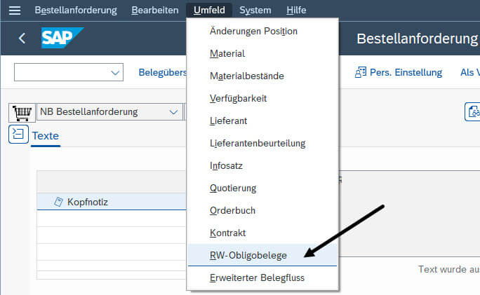 Menüpfad SAP System Obigos Bestellung Beleg einsehen